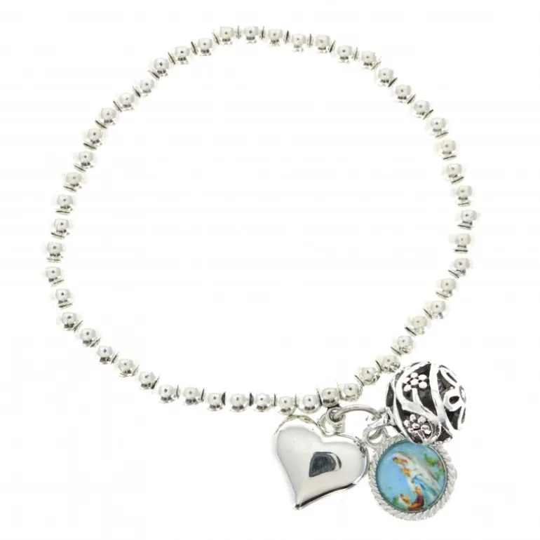 Palais du Rosaire Bracelet grain métal avec breloque coeur et médaille Lourdes^ Bracelet Fantaisie