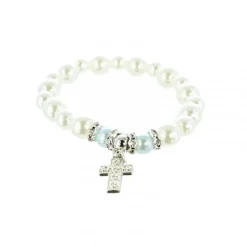 Palais du Rosaire Bracelet élastique avec des perles en nacre et une croix strass^ Bracelet Fantaisie