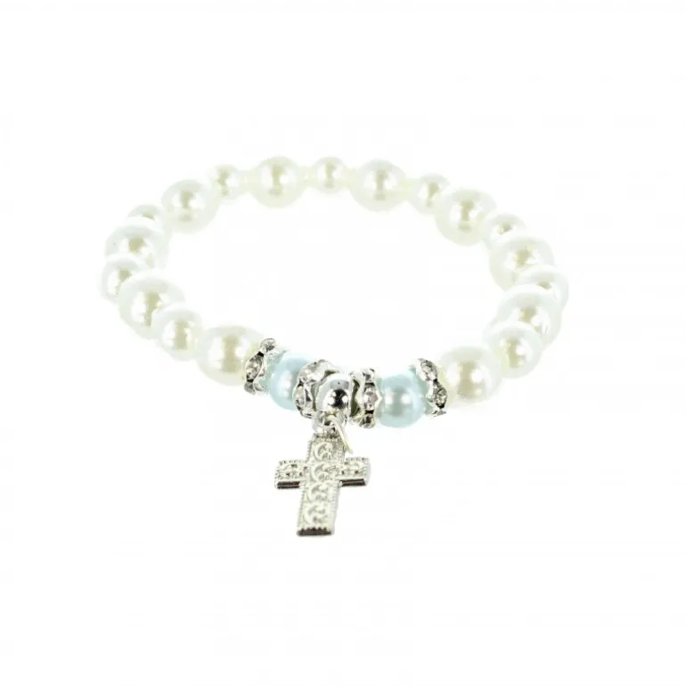 Palais du Rosaire Bracelet élastique avec des perles en nacre et une croix strass^ Bracelet Fantaisie