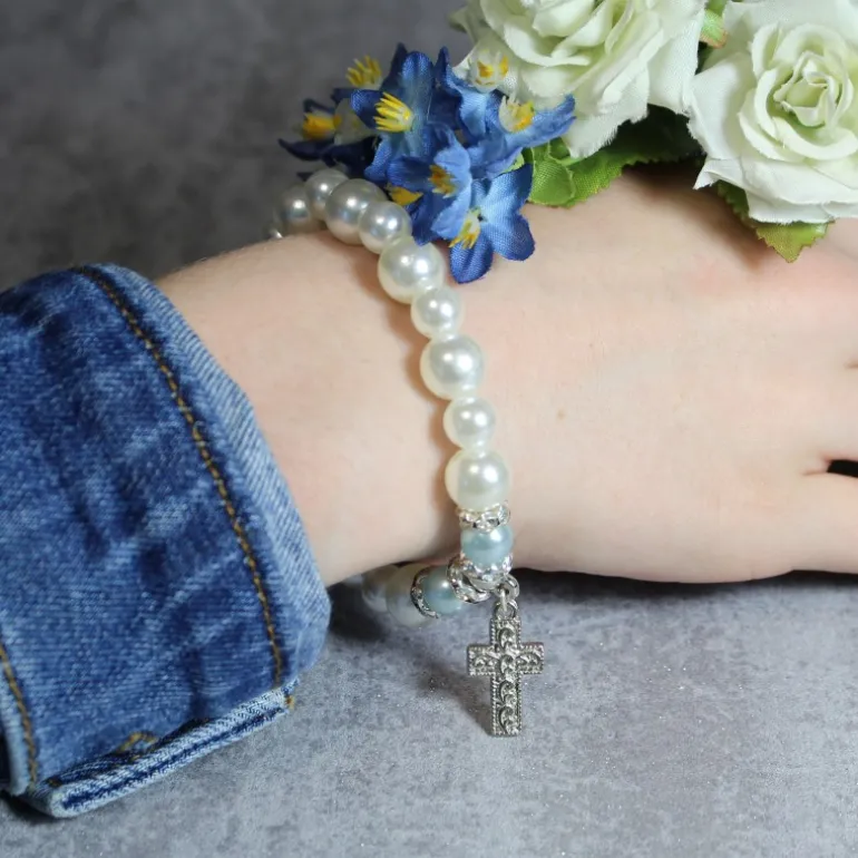 Palais du Rosaire Bracelet élastique avec des perles en nacre et une croix strass^ Bracelet Fantaisie