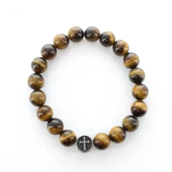 Palais du Rosaire Bracelet élastique avec perles en pierre œil de tigre et une croix^ Bracelet Fantaisie