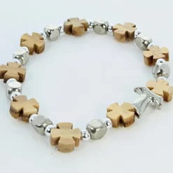 Palais du Rosaire Bracelet élastique avec perles en bois d'olivier et croix^ Bracelet Fantaisie