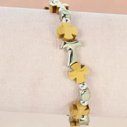 Palais du Rosaire Bracelet élastique avec perles en bois d'olivier et croix^ Bracelet Fantaisie