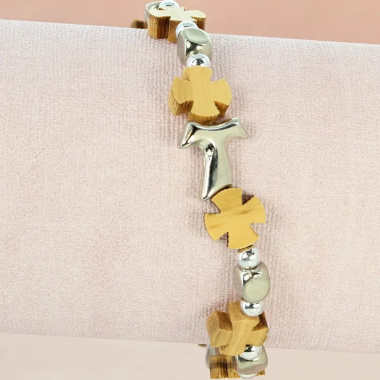 Palais du Rosaire Bracelet élastique avec perles en bois d'olivier et croix^ Bracelet Fantaisie