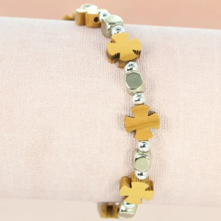 Palais du Rosaire Bracelet élastique avec perles en bois d'olivier et croix^ Bracelet Fantaisie
