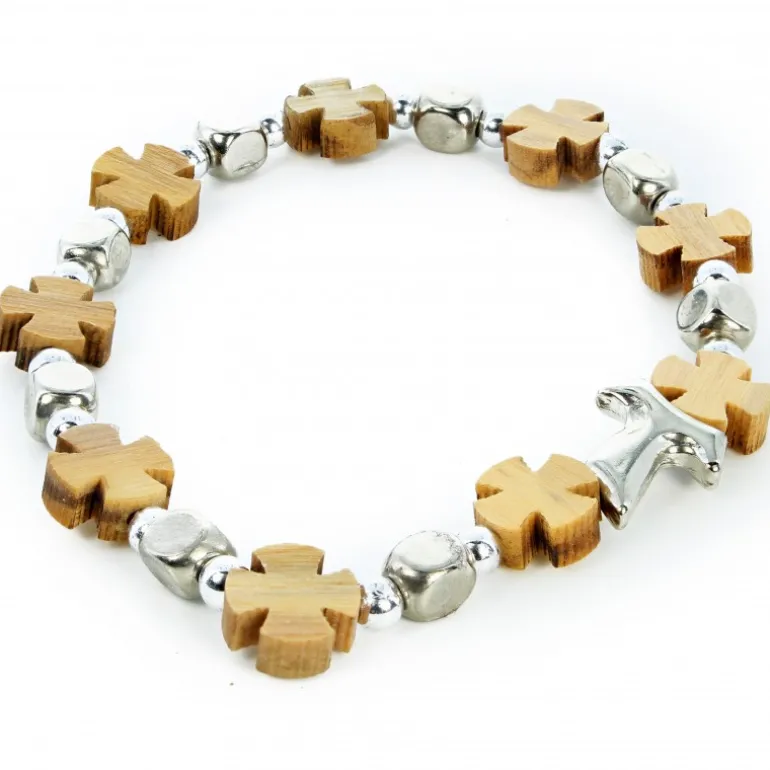 Palais du Rosaire Bracelet élastique avec perles en bois d'olivier et croix^ Bracelet Fantaisie