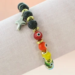 Palais du Rosaire Bracelet perles de verre et pierre de lave avec une croix^ Bracelet Fantaisie