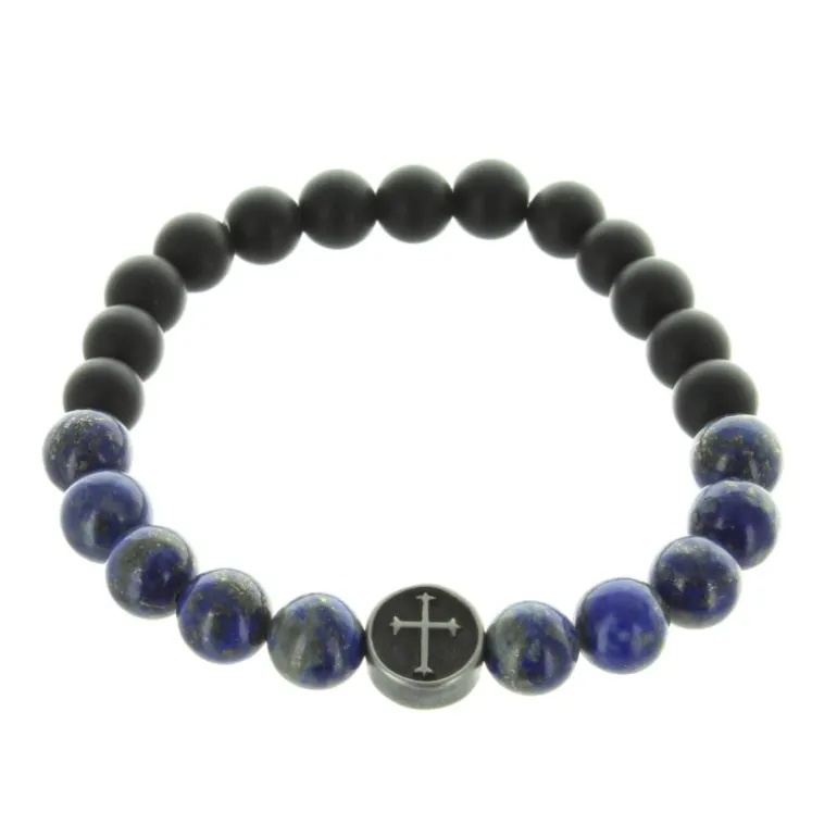 Palais du Rosaire Bracelet religieux en pierre d'agate noire et Lapis Lazuli^ Bracelet Fantaisie