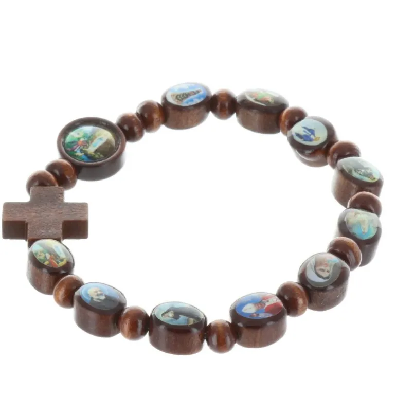Palais du Rosaire Bracelet religieux images de Saints sur perle en bois vernies.^ Bracelet Fantaisie
