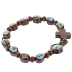 Palais du Rosaire Bracelet religieux images de Saints sur perle en bois vernies.^ Bracelet Fantaisie
