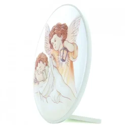 Palais du Rosaire Cadre bois blanc ovale Ange lanterne 10x13cm^ Baptême | Cadre Religieux