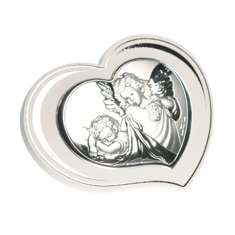 Palais du Rosaire Cadre Coeur Ange Gardien plaque argentée sur bois 11x8cm^ Baptême | Cadre Religieux