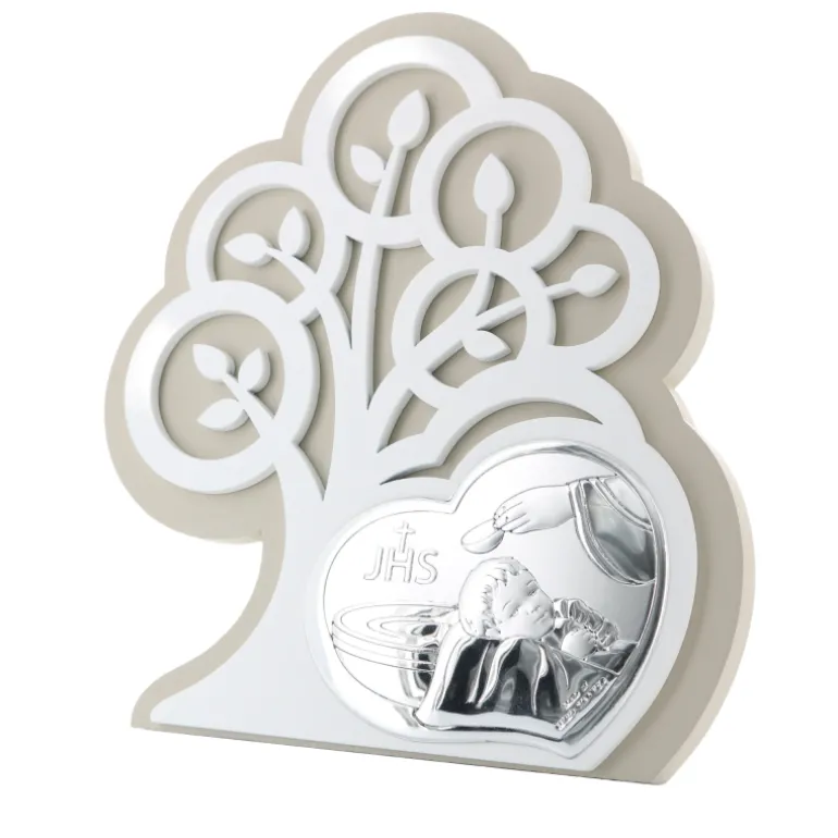 Palais du Rosaire Cadre de Baptême avec coeur et arbre de vie en argent 14x15cm^ Baptême | Cadre Religieux