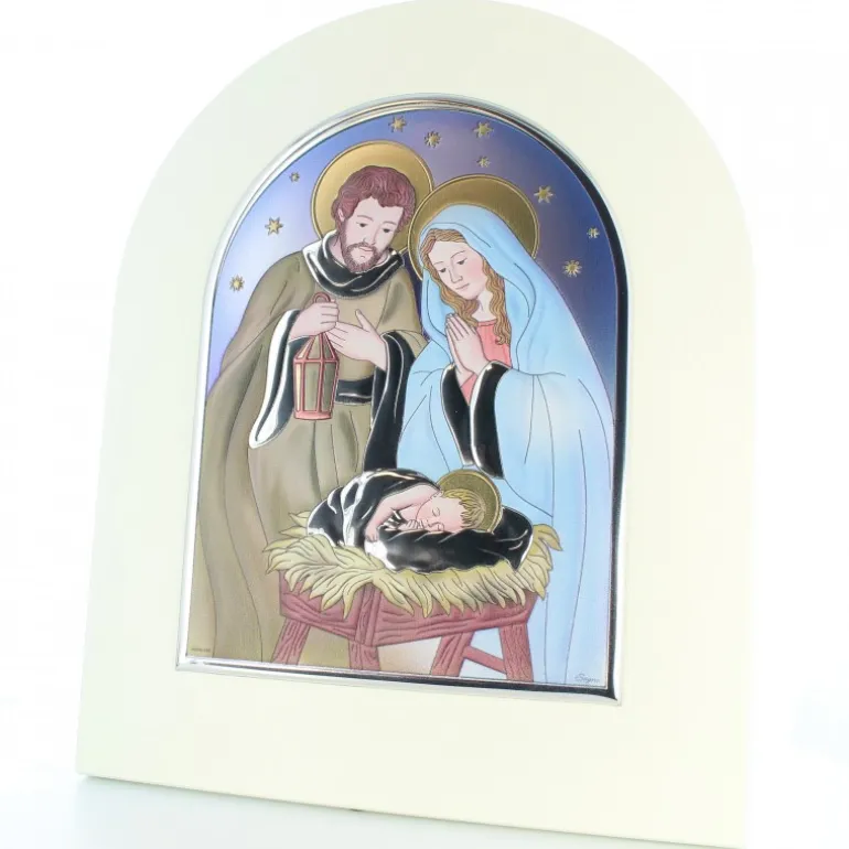 Palais du Rosaire Cadre de la Sainte Famille en bois avec ornement en métal argenté et coloré 25x30cm^ Cadre Religieux