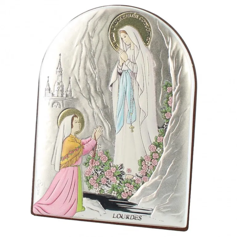 Palais du Rosaire Cadre de l'Apparition de Lourdes en métal argenté et coloré 10x7cm^ Cadre Religieux