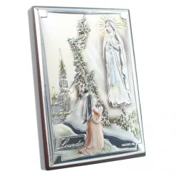 Palais du Rosaire Cadre de l'Apparition de Lourdes colorisée en métal argenté sur bois 5x7cm^ Cadre Religieux