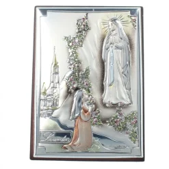 Palais du Rosaire Cadre de l'Apparition de Lourdes colorisée en métal argenté sur bois 5x7cm^ Cadre Religieux