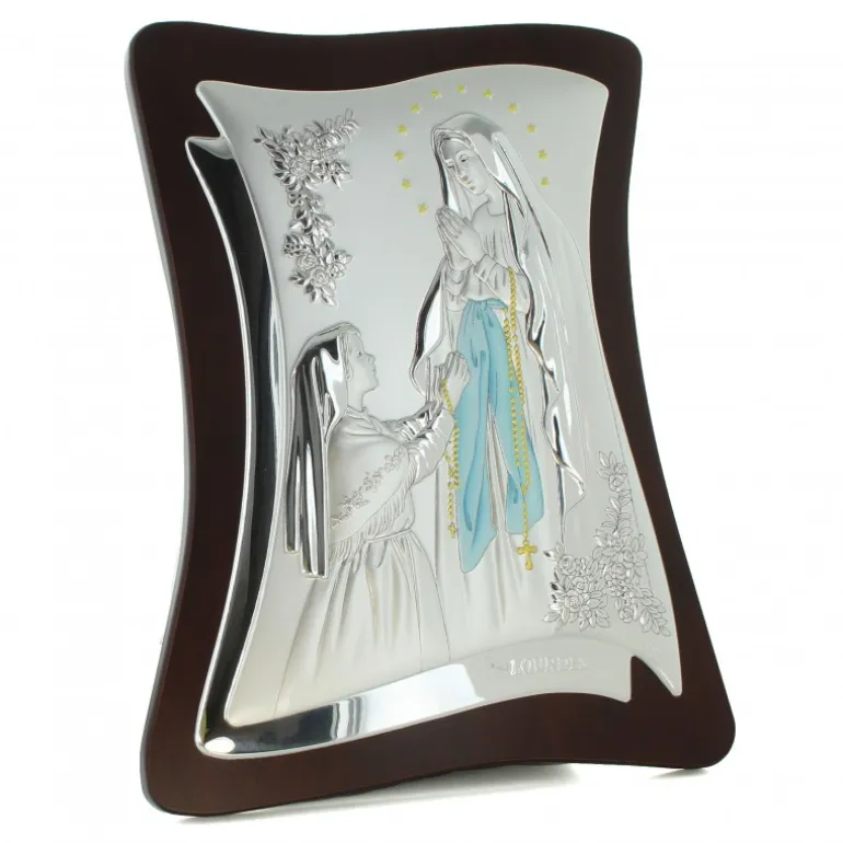 Palais du Rosaire Cadre de l'Apparition sur plaque argentée et bois 34cm^ Cadre Religieux