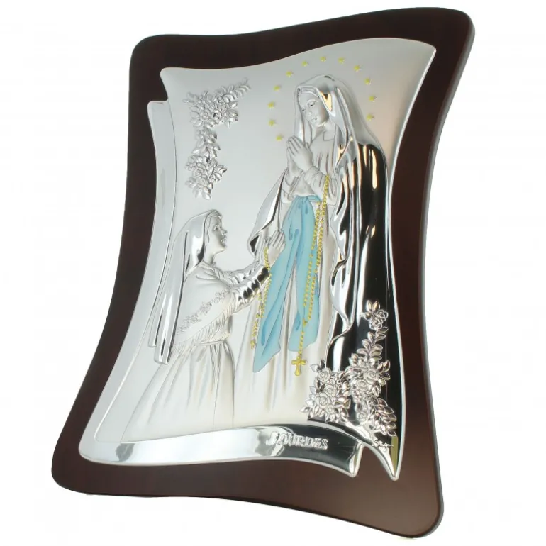 Palais du Rosaire Cadre de l'Apparition sur plaque argentée et bois 34cm^ Cadre Religieux