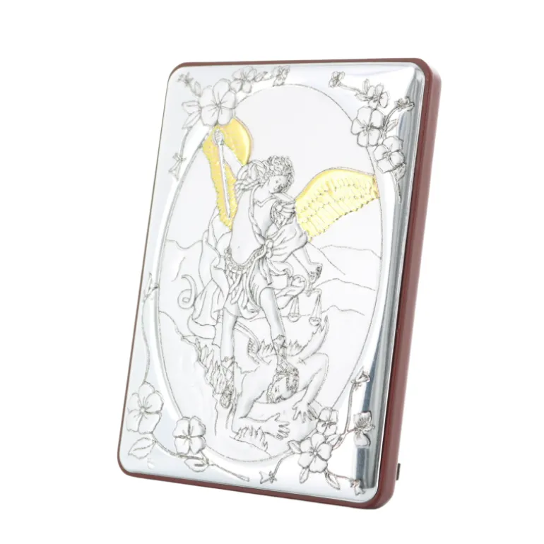Palais du Rosaire Cadre de l'Archange Saint Michel en bois et argent 7x14cm^ Cadre Religieux