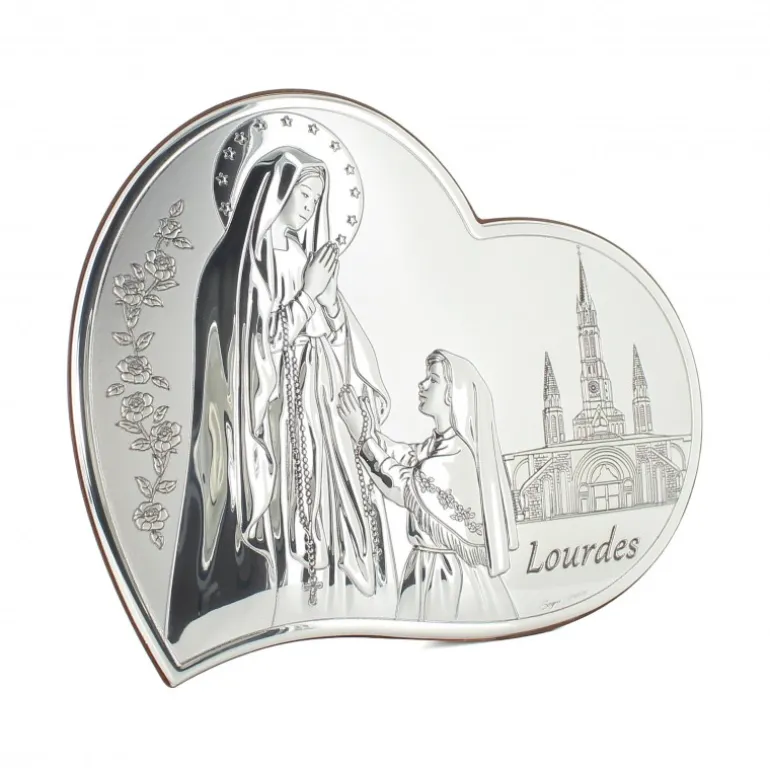 Palais du Rosaire Cadre en forme de coeur de l'Apparition de Lourdes en métal argenté 21x17cm^ Cadre Religieux