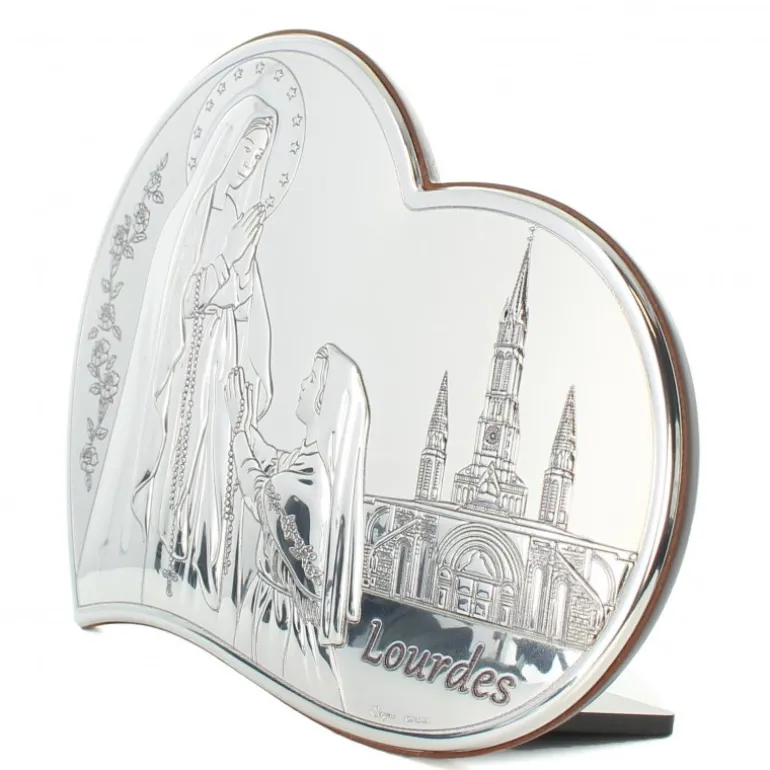 Palais du Rosaire Cadre en forme de coeur de l'Apparition de Lourdes en métal argenté 21x17cm^ Cadre Religieux