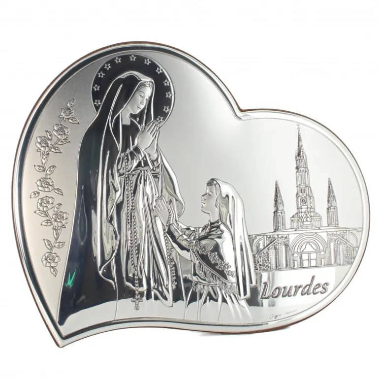 Palais du Rosaire Cadre en forme de coeur de l'Apparition de Lourdes en métal argenté 21x17cm^ Cadre Religieux