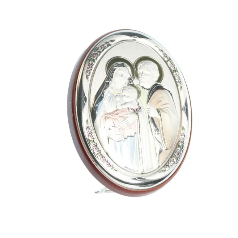 Palais du Rosaire Cadre ovale de la Sainte Famille en bois et argent 11cm^ Cadre Religieux