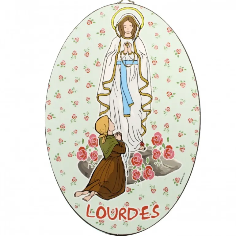Palais du Rosaire Cadre ovale de l'Apparition de Lourdes sur bois de 18x12cm^ Cadre Religieux