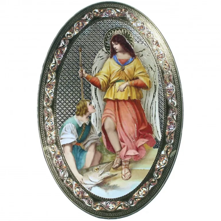 Palais du Rosaire Cadre ovale Saint Raphaël sur bois de 18x12cm^ Cadre Religieux