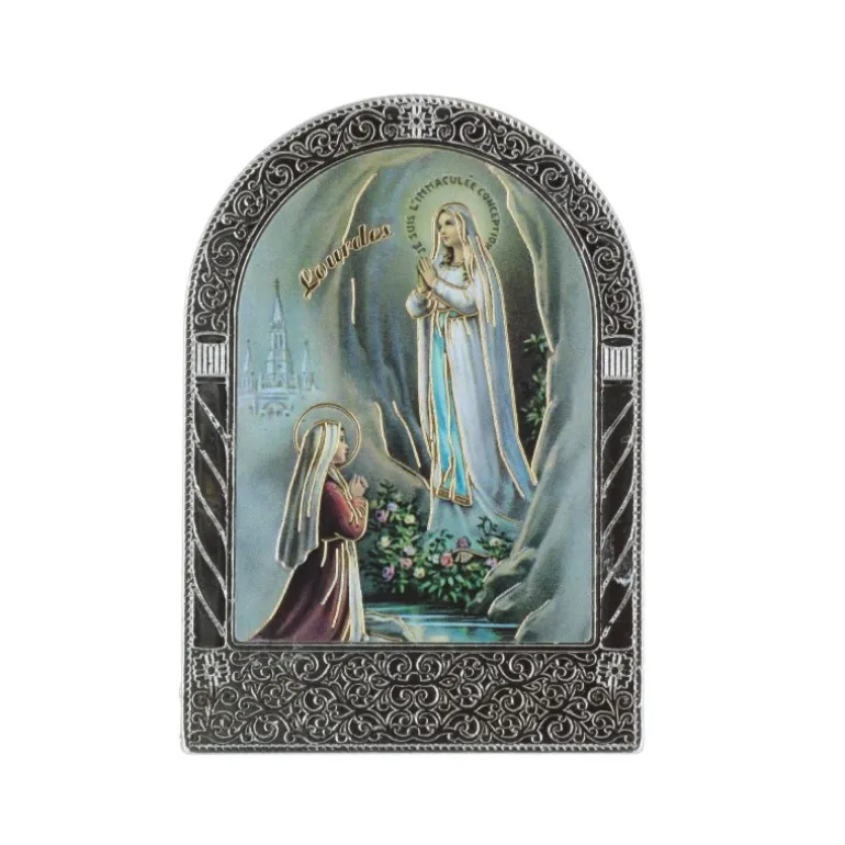 Palais du Rosaire Cadre religieux argenté Apparition de Lourdes colorée et dorée 4,5 x 7 cm^ Cadre Religieux