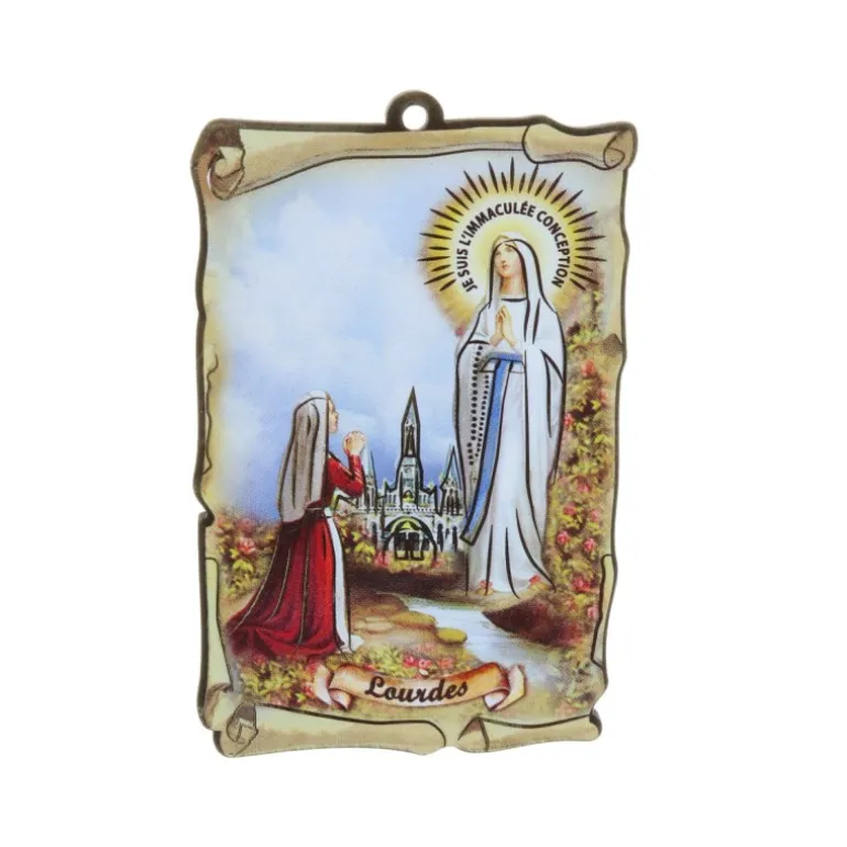 Palais du Rosaire Cadre religieux en bois Apparition de Lourdes 5 x 7,5 cm et Dizainier parfumé à la rose^ Cadre Religieux