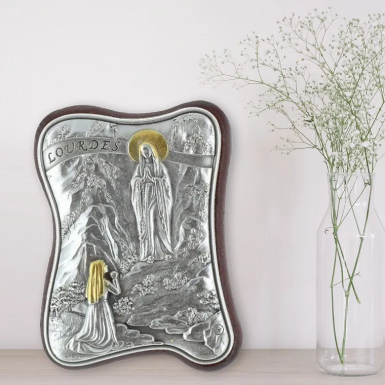Palais du Rosaire Cadre religieux ondulé Apparition de Lourdes argentée 4,5 x 6,5 cm^ Cadre Religieux