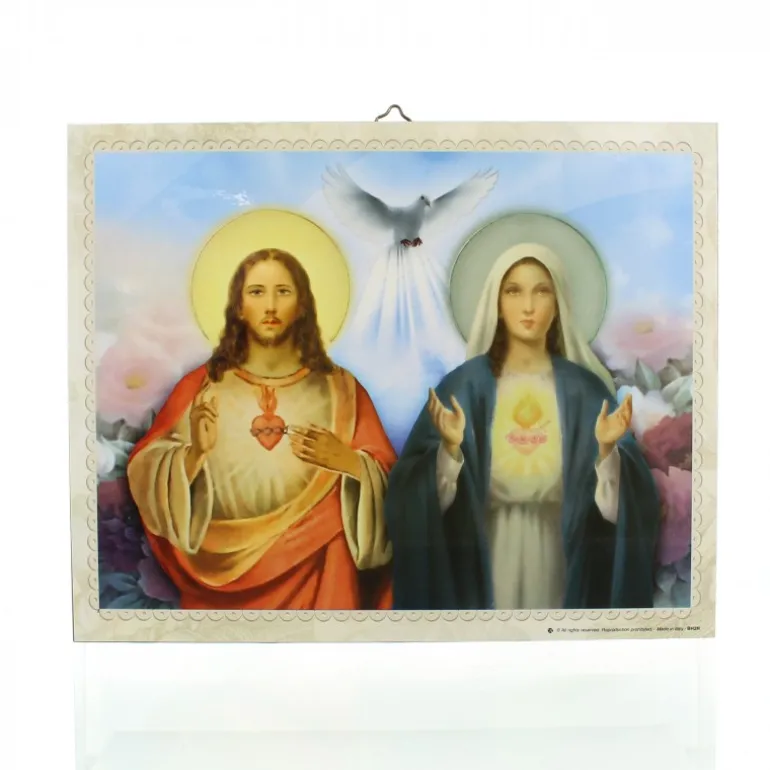 Palais du Rosaire Cadre Sacré Coeur de Jésus et Sacré Coeur de Marie sur bois 25x19cm^ Cadre Religieux