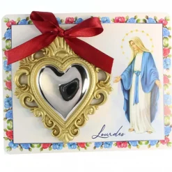 Palais du Rosaire Carte de l'Apparition de Lourdes et son pendentif Ex Voto doré 12x10 cm^ Ex-Voto
