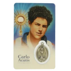 Palais du Rosaire Carte de prière Carlo Acutis avec médaille^ Image Religieuse