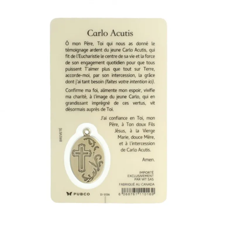 Palais du Rosaire Carte de prière Carlo Acutis avec médaille^ Image Religieuse