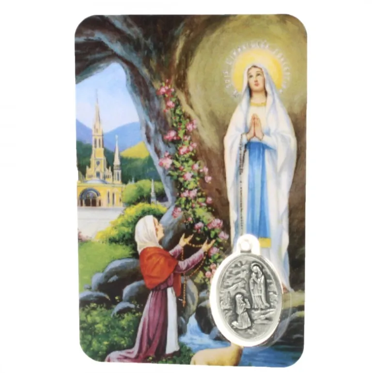 Palais du Rosaire Carte De Prière de l'Apparition de Lourdes et Sainte Bernadette Avec Médaille^ Image Religieuse