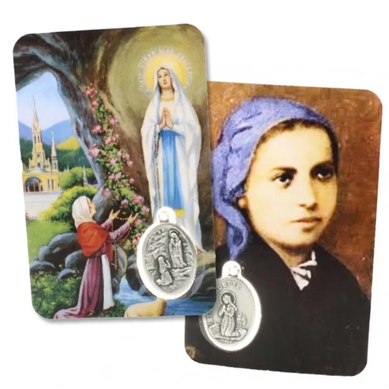 Palais du Rosaire Carte De Prière de l'Apparition de Lourdes et Sainte Bernadette Avec Médaille^ Image Religieuse