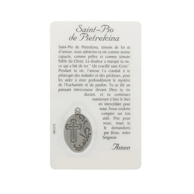 Palais du Rosaire Carte de prière de Padre Pio avec médaille^ Image Religieuse