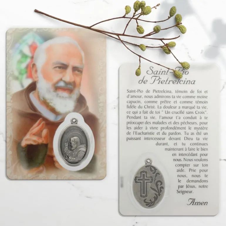 Palais du Rosaire Carte de prière de Padre Pio avec médaille^ Image Religieuse