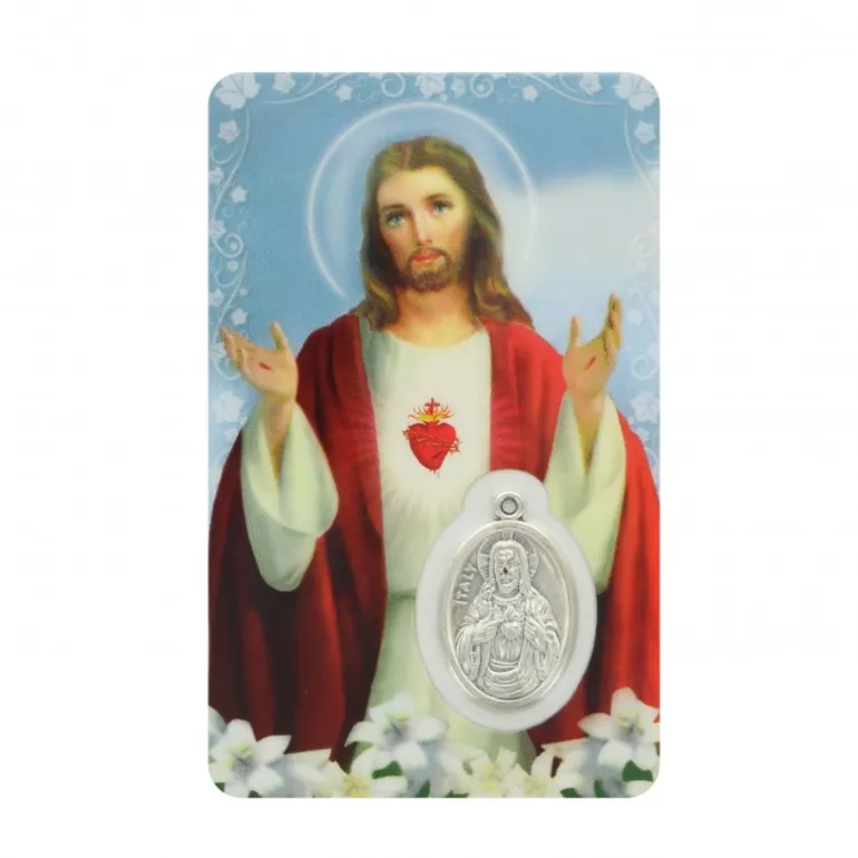 Palais du Rosaire Carte de prière de Sacré Coeur de Jésus avec médaille^ Image Religieuse