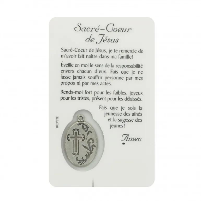 Palais du Rosaire Carte de prière de Sacré Coeur de Jésus avec médaille^ Image Religieuse