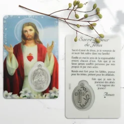 Palais du Rosaire Carte de prière de Sacré Coeur de Jésus avec médaille^ Image Religieuse