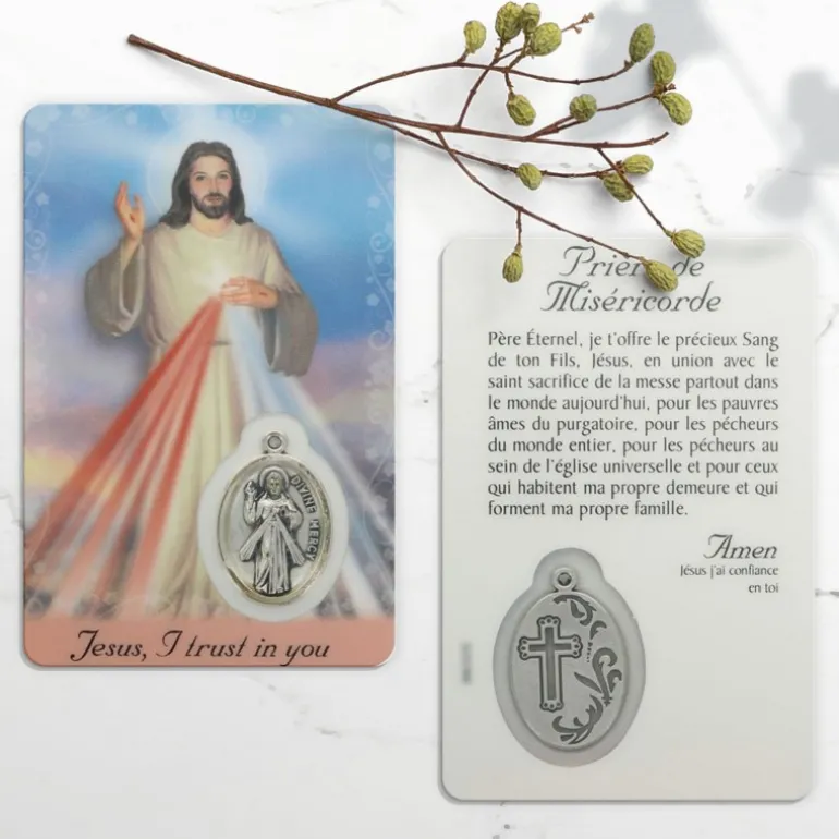 Palais du Rosaire Carte de prière Jésus Miséricordieux avec médaille^ Image Religieuse