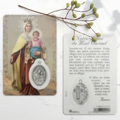 Palais du Rosaire Carte de prière Notre-Dame de Mont Carmel avec médaille^ Image Religieuse