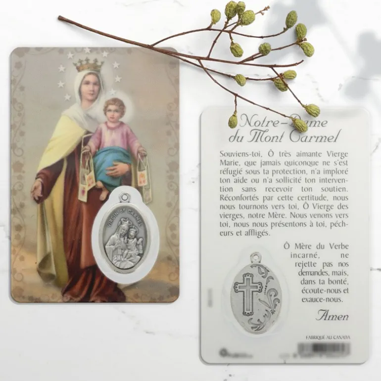 Palais du Rosaire Carte de prière Notre-Dame de Mont Carmel avec médaille^ Image Religieuse