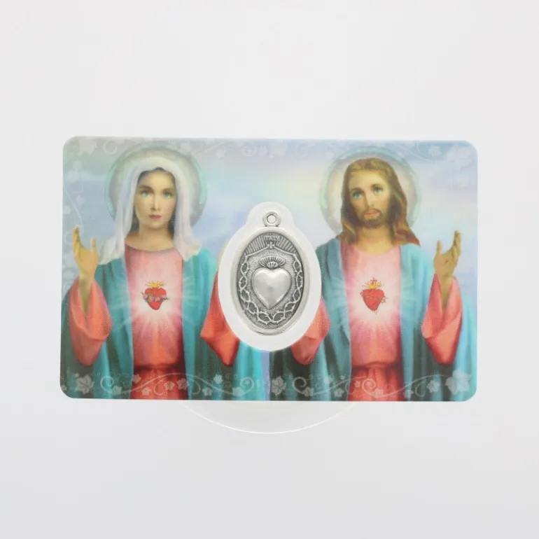 Palais du Rosaire Carte de prière Sacré Coeur de Jésus et Marie avec médaille^ Image Religieuse