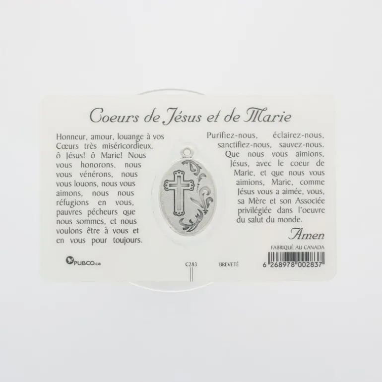 Palais du Rosaire Carte de prière Sacré Coeur de Jésus et Marie avec médaille^ Image Religieuse