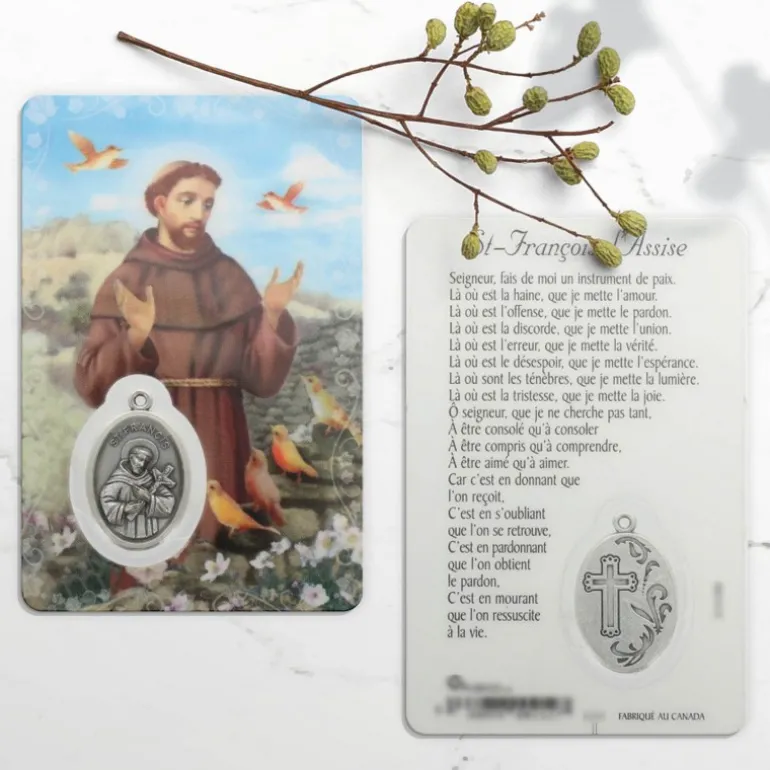 Palais du Rosaire Carte de prière Saint François d'Assise avec médaille^ Image Religieuse